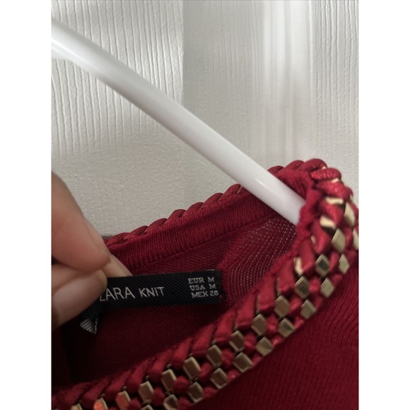 Zara Red Knit, Quarter-zip Long Sleeve Top With Gold Chain Neckline Detail (M) - Picture 4 of 5
